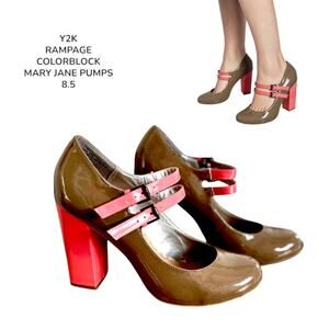 y2k Vtg. RAMPAGE COLORBLOCK PATENT MARY JANE CHUNKY PUMPS HEELS SIZE 8 1/2.